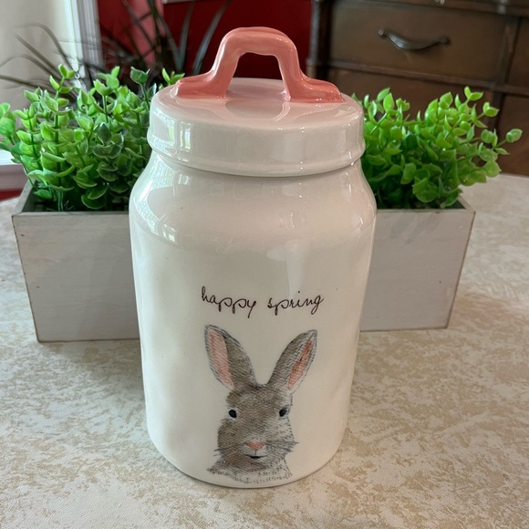Rae Dunn 8.5” HAPPY SPRING Canister Magenta Pink Handle Bunny Rabbit 2017 - Picture 1 of 12